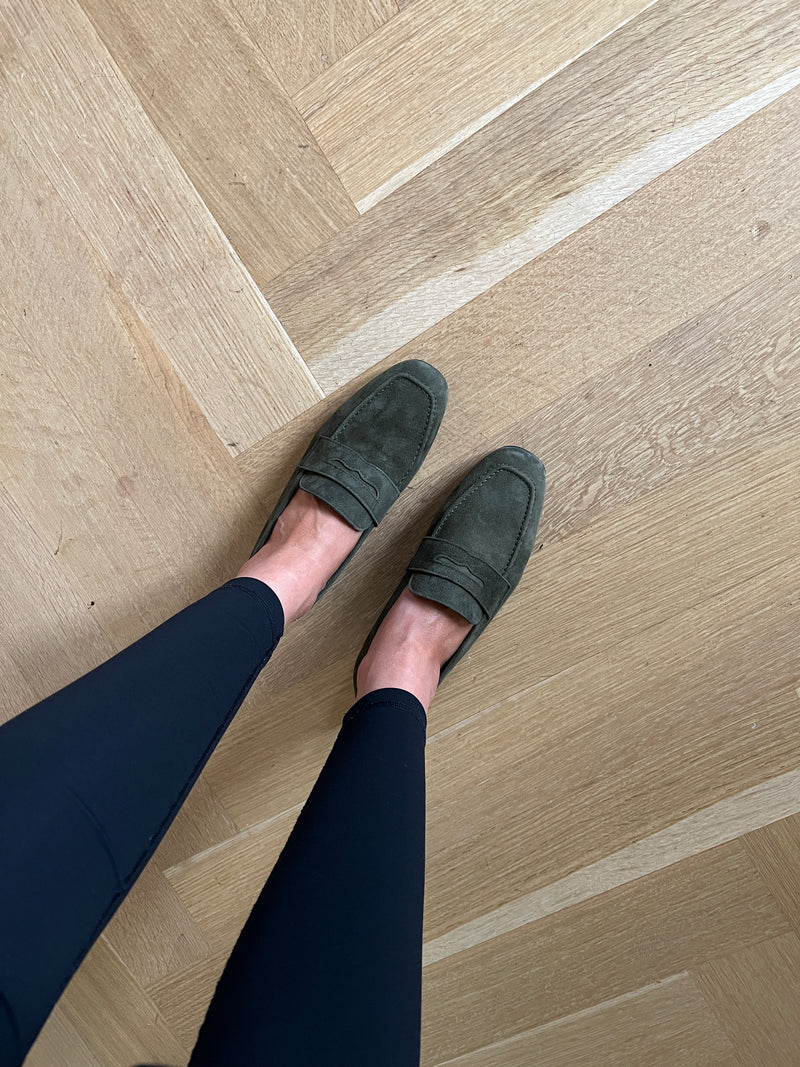 Green Suede Loafers with leggings