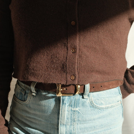 Belt -  Gold Buckle Twist Chocolate Suede