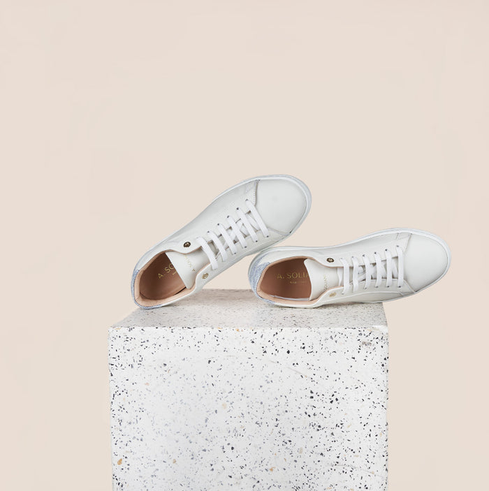Italian Leather Amalfi Sneaker in Great White/Denim | A. Soliani