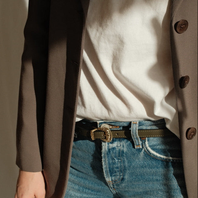 Belt - Western Buckle Olive Leather Skinny