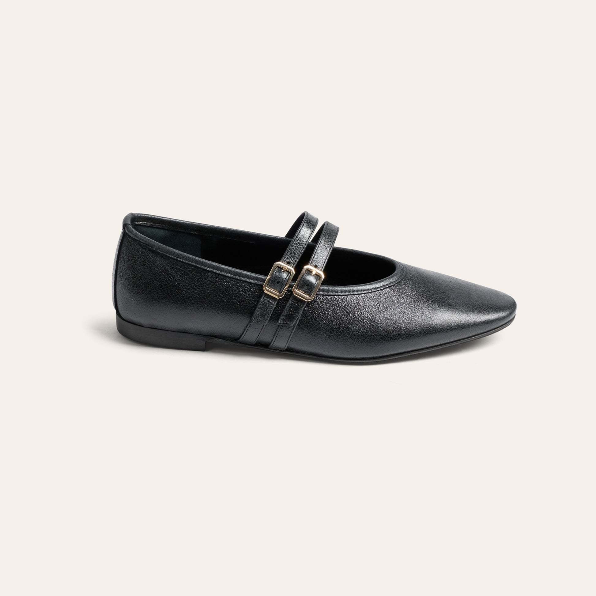 A single black leather flat shoe with a pointed toe and double strap embellishment with gold-tone buckles, shown from a side profile on a light beige background.