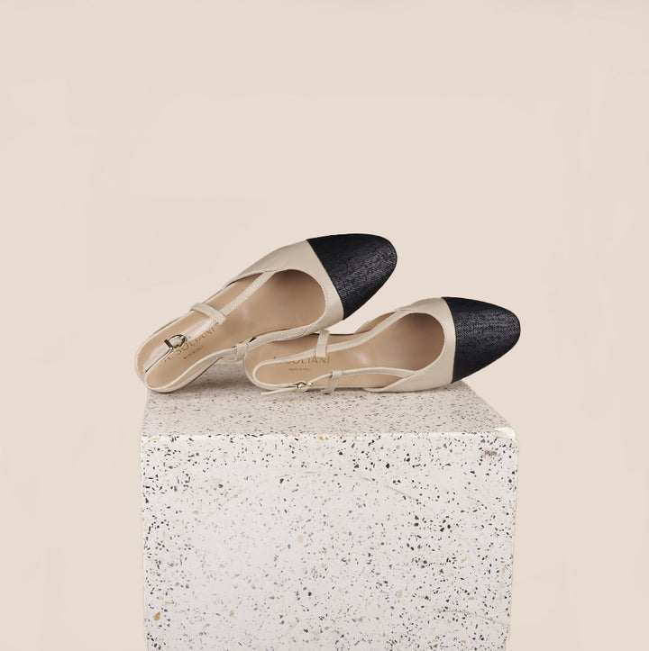 Capri Slingback In Beige Black Twill