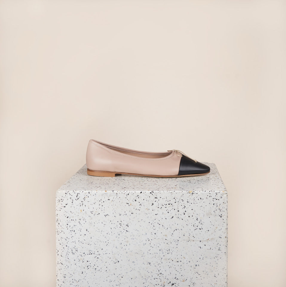 Beige Nude/Black Italian Leather Ballet Flat Como