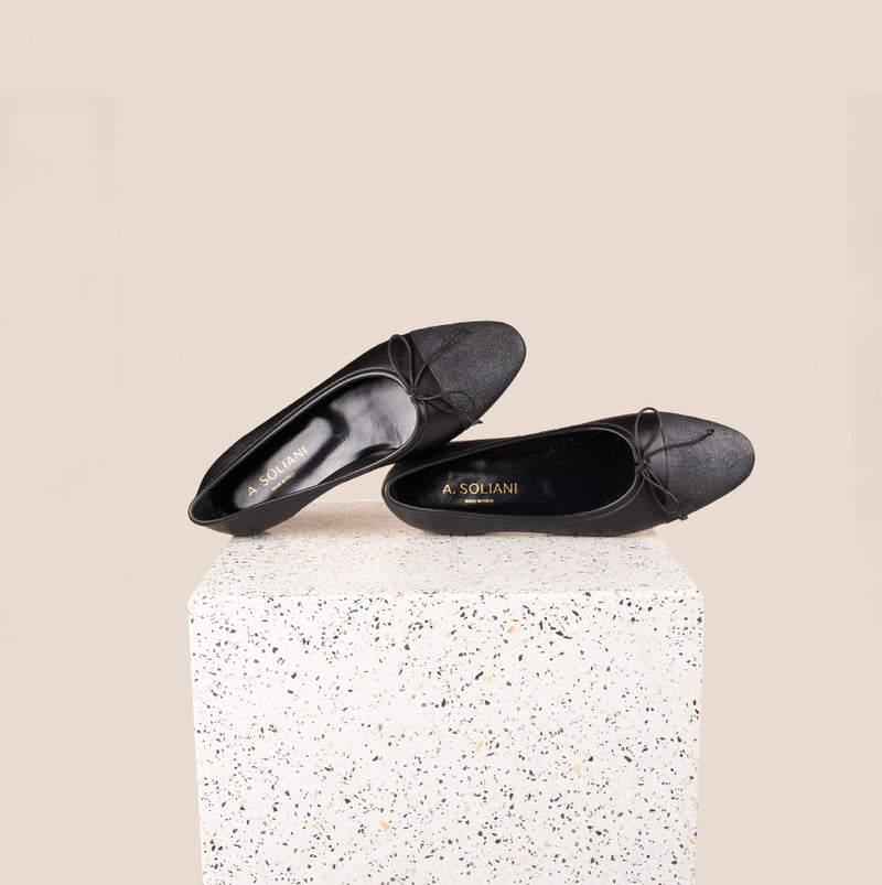 Como Italian Leather Ballet Flats in Black Leather Sky