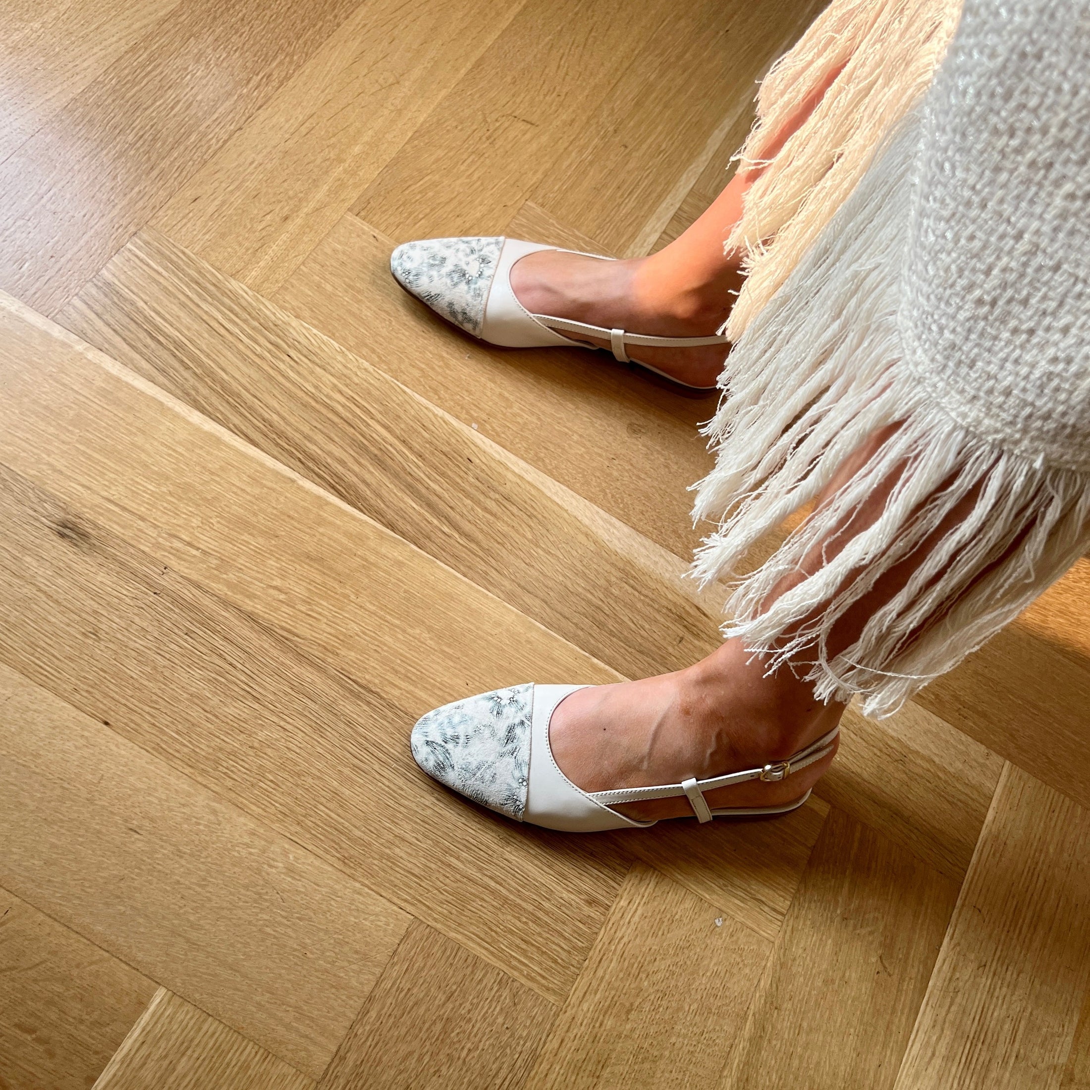 Capri Leather Slingback In Ivory/ Forest Flowers on Model