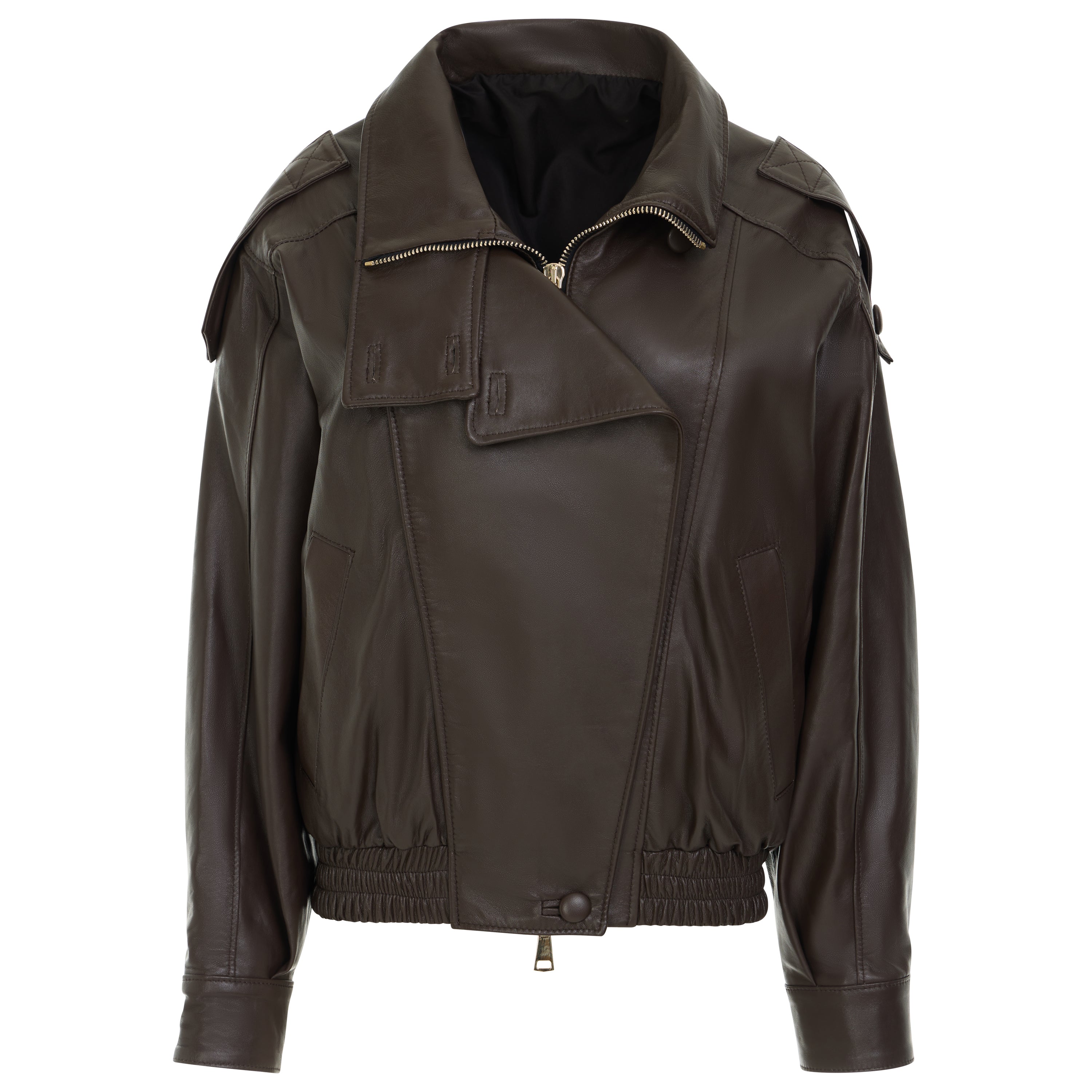 A dark brown leather motorcycle jacket with an asymmetrical zipper, shoulder epaulets, and a black interior lining, shown against a plain white background.