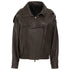 A dark brown leather motorcycle jacket with an asymmetrical zipper, shoulder epaulets, and a black interior lining, shown against a plain white background.