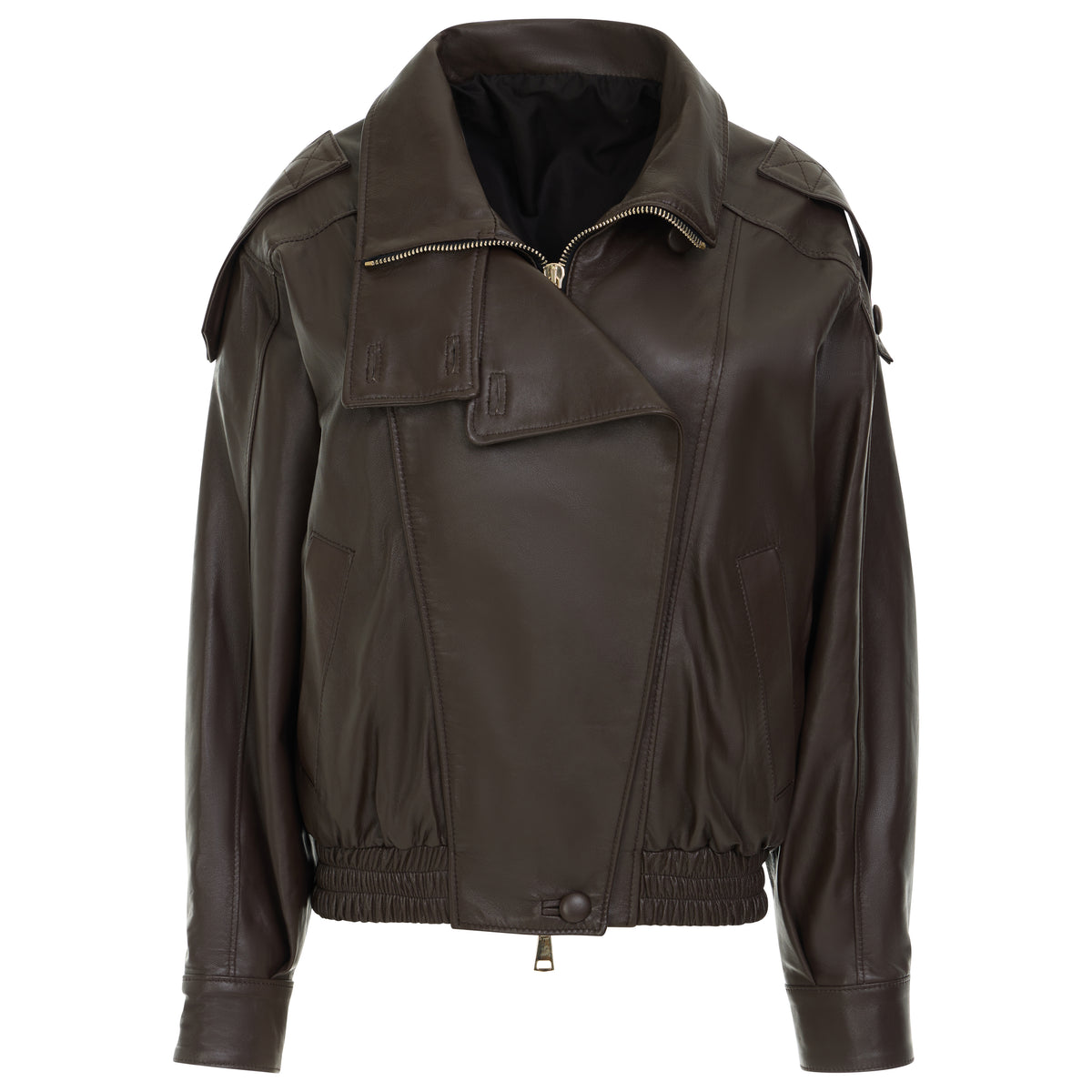 A dark brown leather motorcycle jacket with an asymmetrical zipper, shoulder epaulets, and a black interior lining, shown against a plain white background.