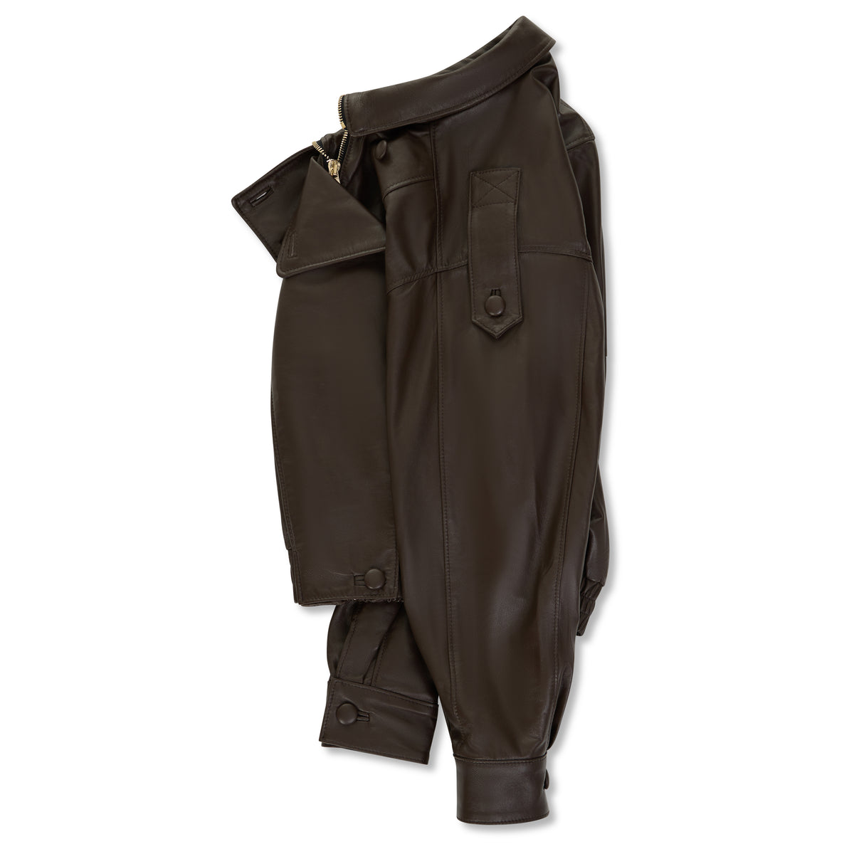 A dark brown leather jacket with a pointed collar, buttoned front flap, and side pocket, shown on a plain white background.