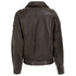 A dark brown leather jacket shown from the back, featuring a classic collar, shoulder epaulets, and a zippered back closure, displayed on a clean white background.