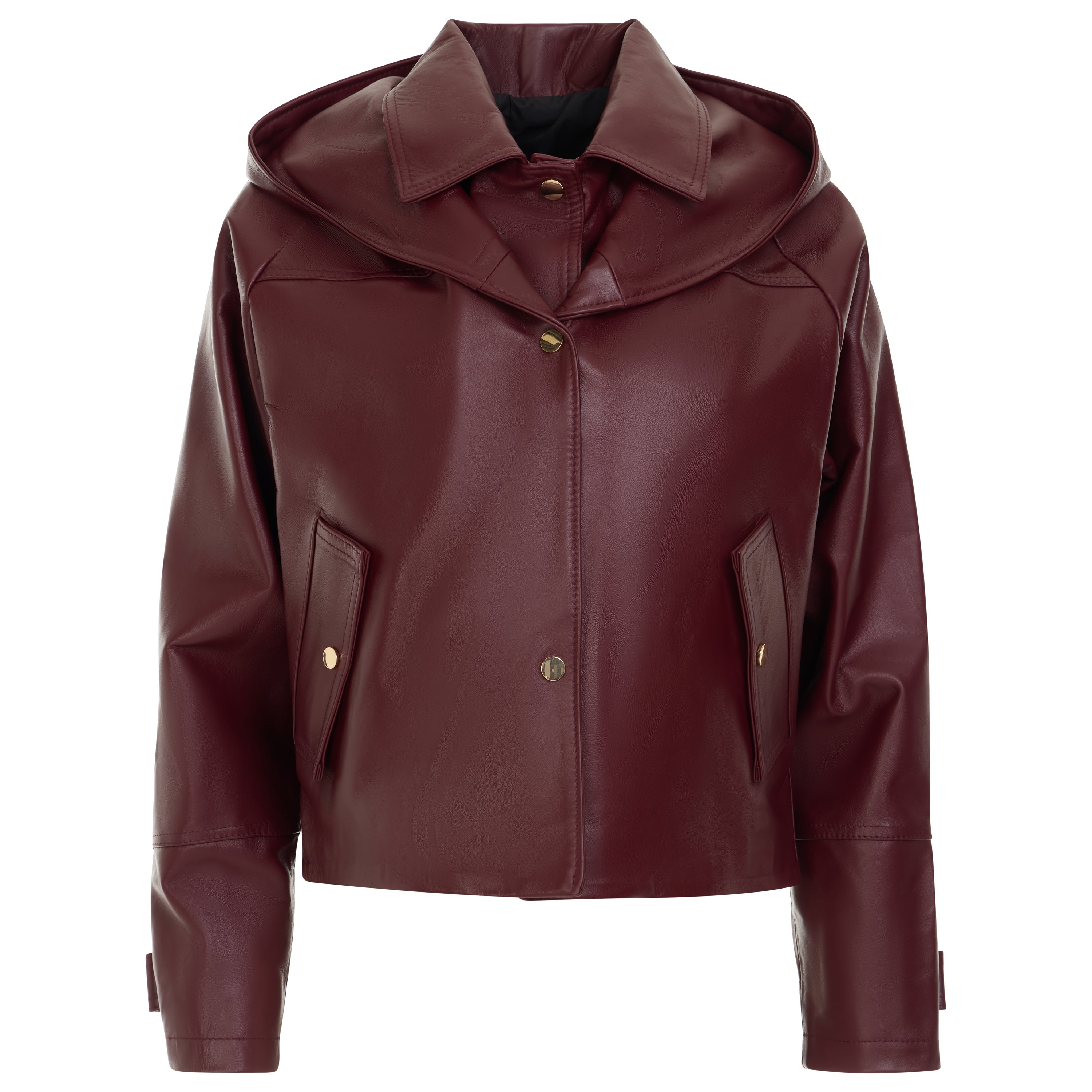A cropped hooded jacket in smooth burgundy leather, featuring a stand collar, snap-button front, and zippered flap pockets, shown on a plain white background.