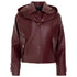 A cropped hooded jacket in smooth burgundy leather, featuring a stand collar, snap-button front, and zippered flap pockets, shown on a plain white background.