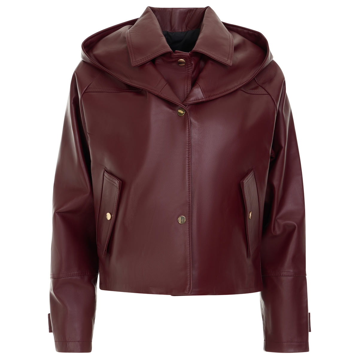 A cropped hooded jacket in smooth burgundy leather, featuring a stand collar, snap-button front, and zippered flap pockets, shown on a plain white background.