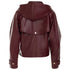 A burgundy leather hooded jacket shown from the back, featuring a large flap with a single silver snap button, ribbed cuffs, and gold-tone button details.