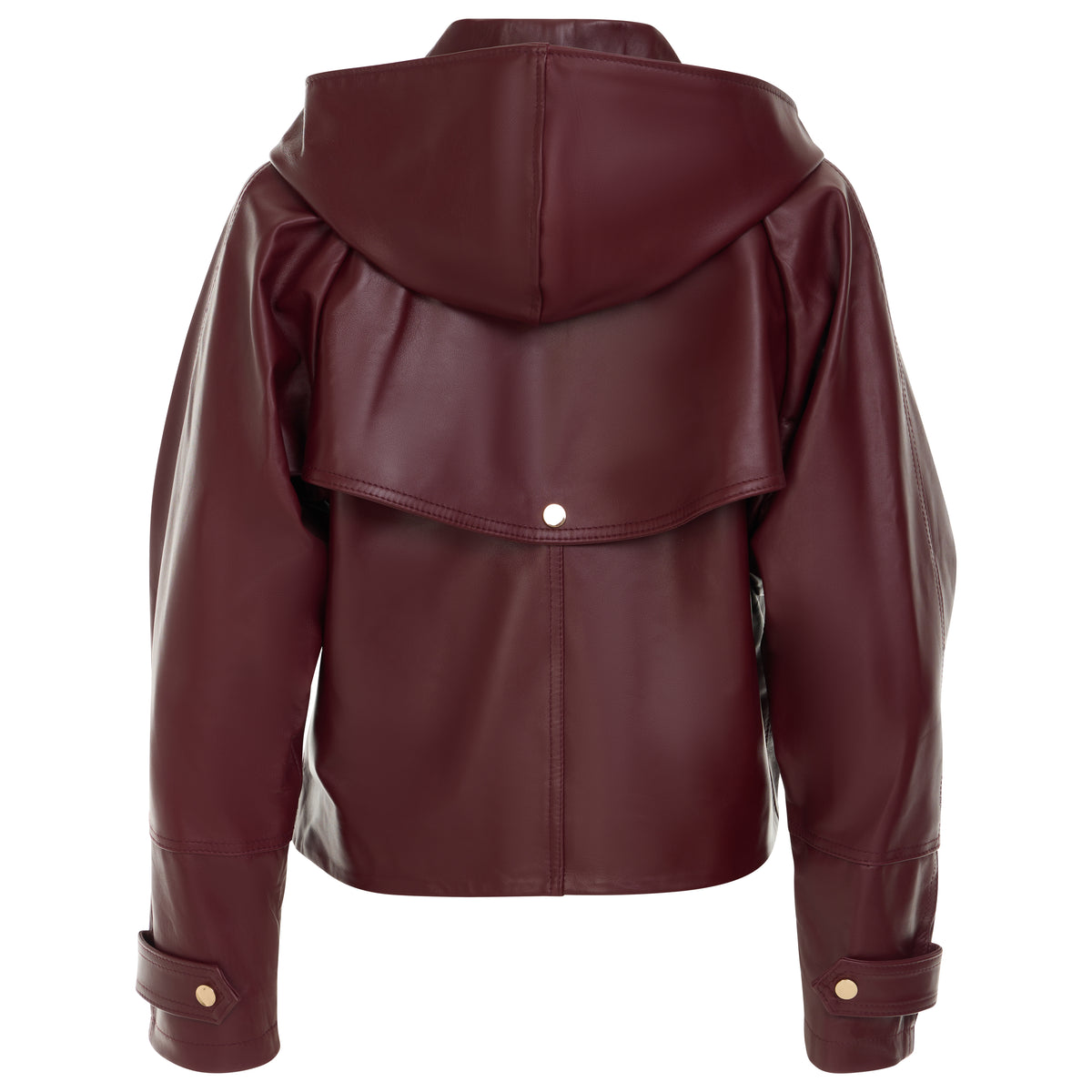 A burgundy leather hooded jacket shown from the back, featuring a large flap with a single silver snap button, ribbed cuffs, and gold-tone button details.