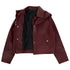 A cropped leather moto jacket in burgundy with gold snap buttons, a black interior lining, and a pointed collar, shown flat on a white background.