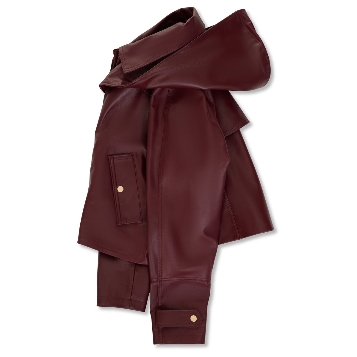 A dark burgundy leather jacket with a collar, draped to show its shape and features, including flap pockets with gold-tone snap buttons, on a white background.
