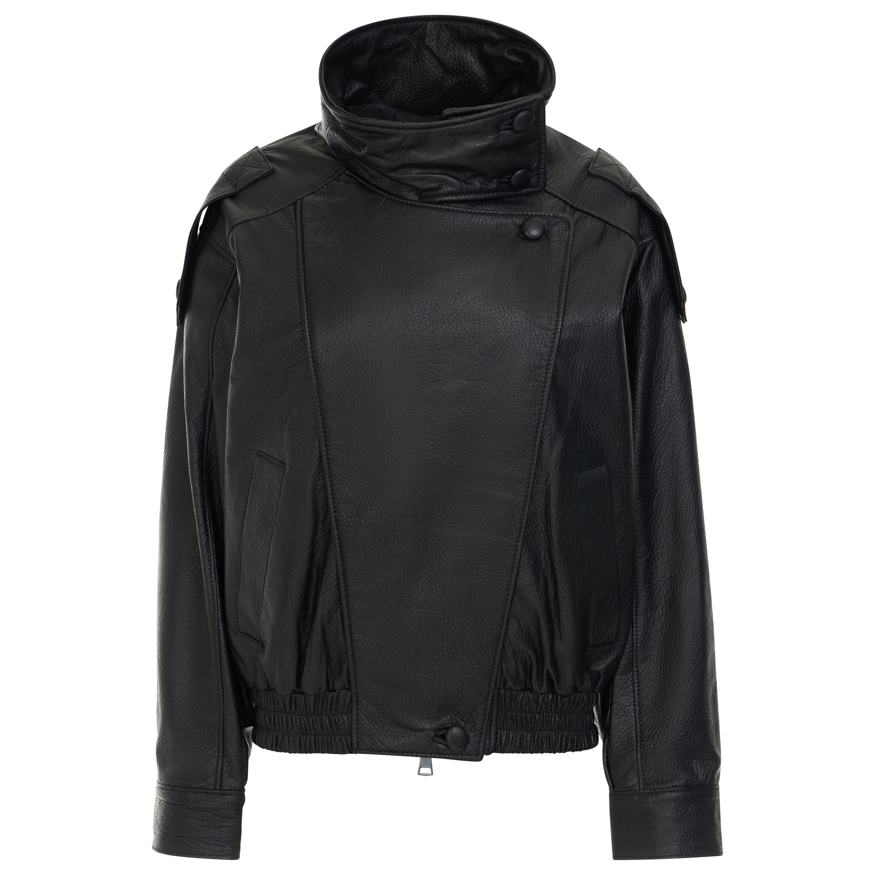 A black leather jacket with an asymmetrical wrap-style collar, shoulder epaulets, and a gathered elastic hem, shown against a plain white background.