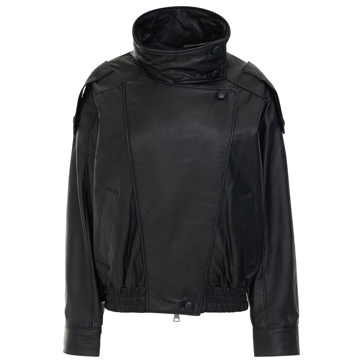 A black leather jacket with an asymmetrical wrap-style collar, shoulder epaulets, and a gathered elastic hem, shown against a plain white background.
