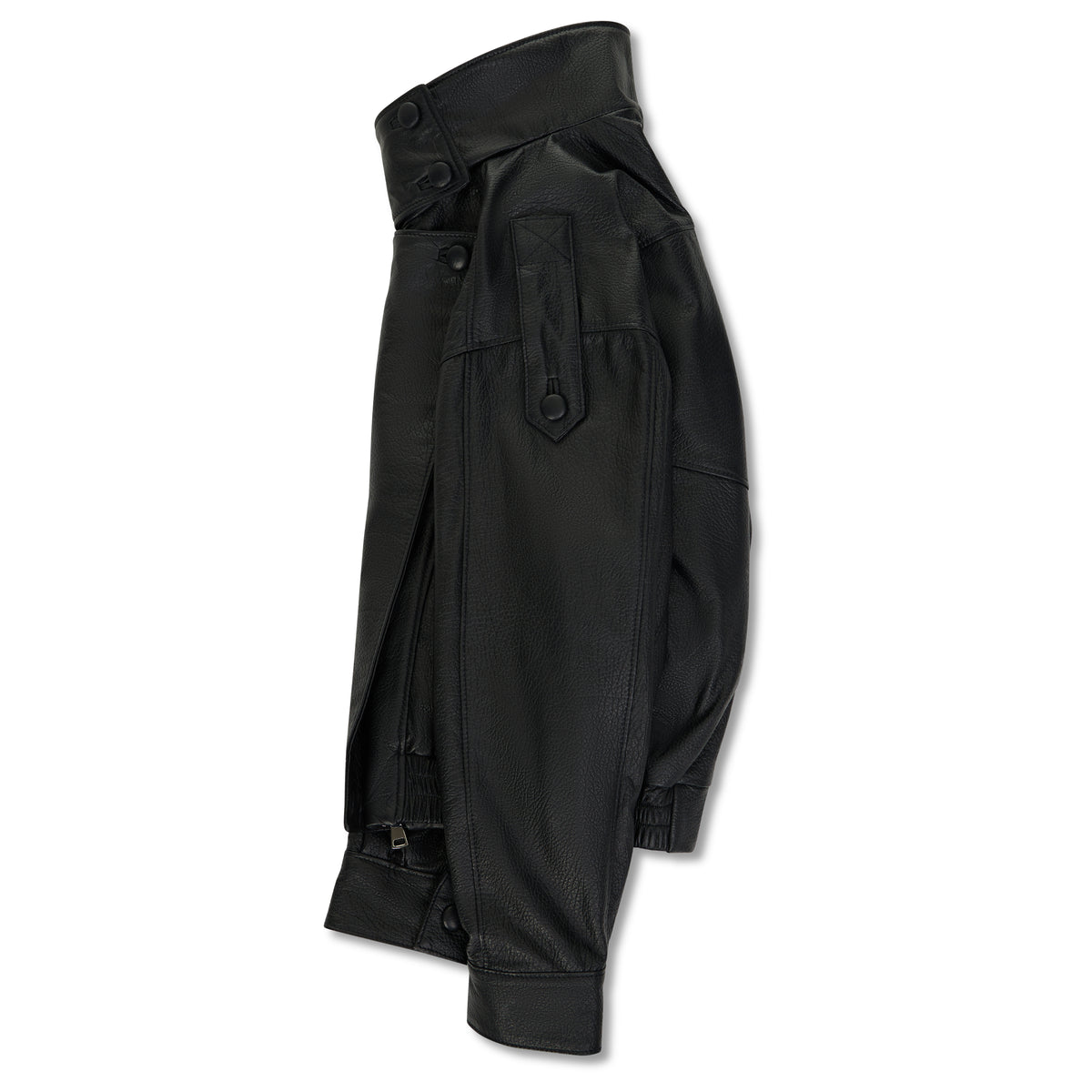 A black leather jacket shown from a side profile view against a plain white background.