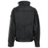 Black leather jacket shown from the back, featuring a high collar, shoulder epaulets, and a structured silhouette on a plain white background.