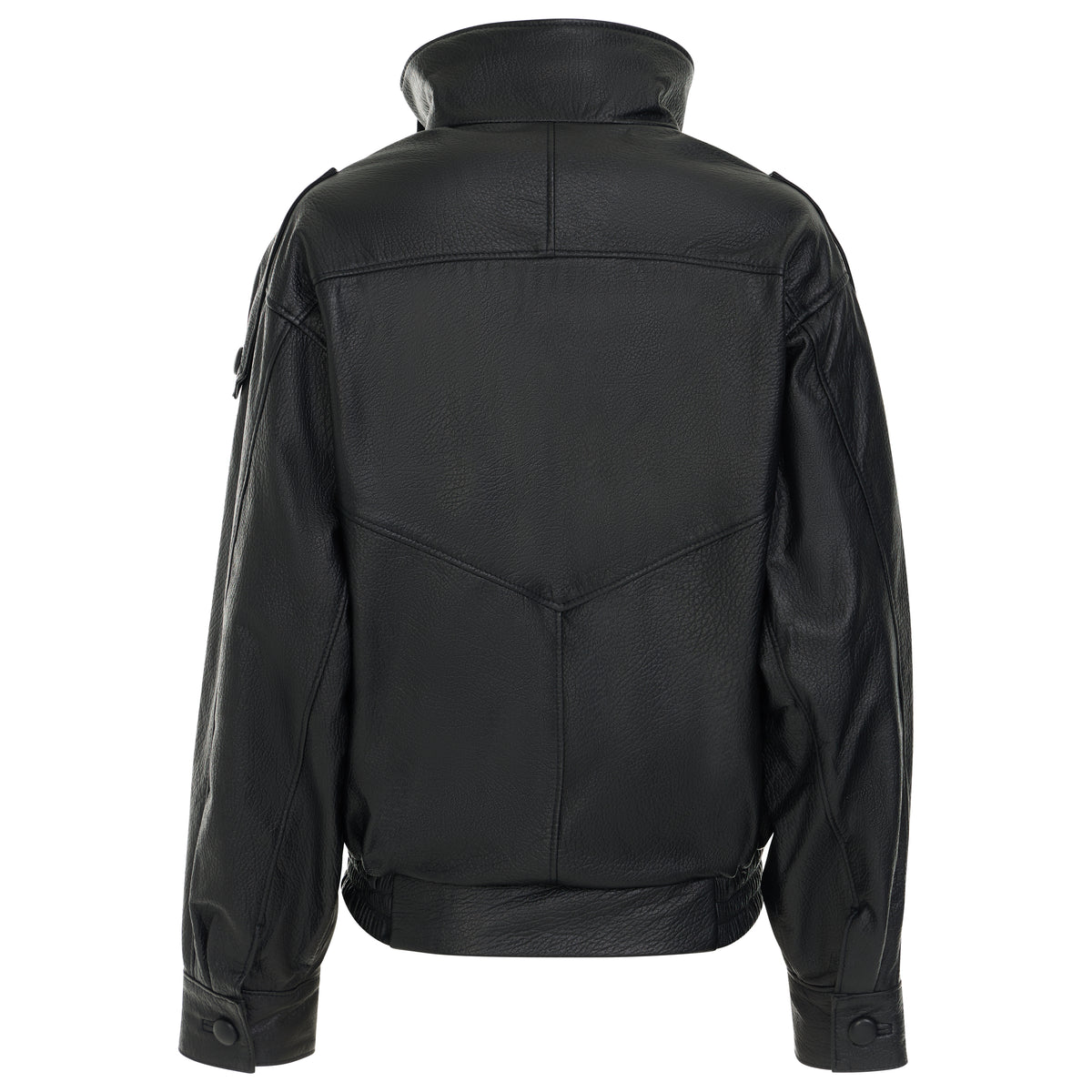 Black leather jacket shown from the back, featuring a high collar, shoulder epaulets, and a structured silhouette on a plain white background.