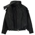 A black leather bomber jacket with a high collar, asymmetrical zipper, and side pockets, shown against a plain white background.