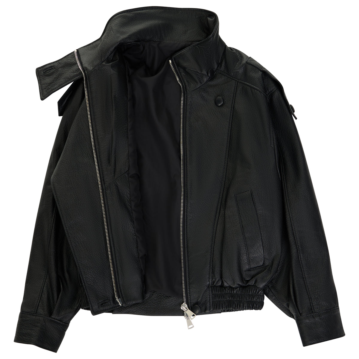 A black leather bomber jacket with a high collar, asymmetrical zipper, and side pockets, shown against a plain white background.