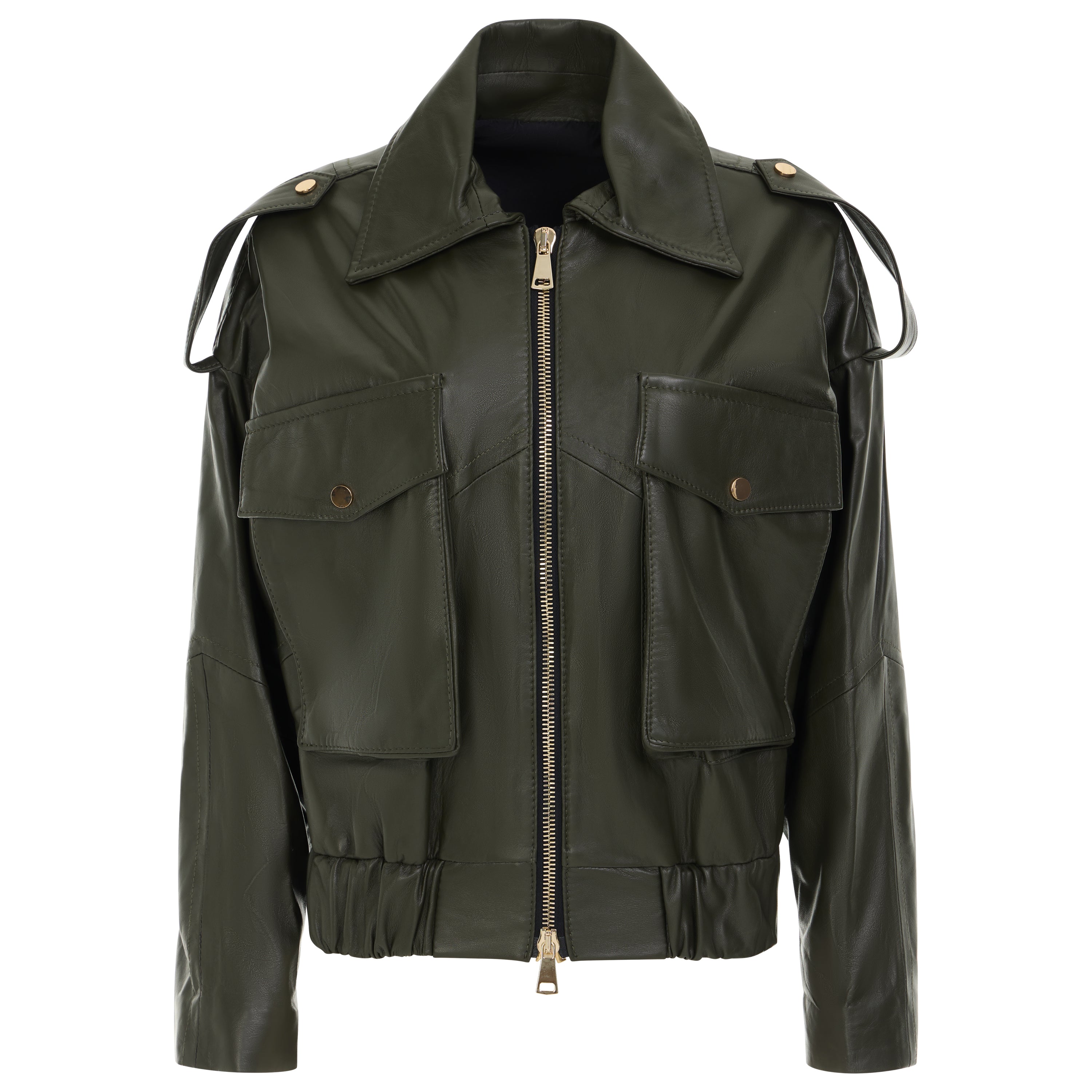 An olive green leather jacket with a high collar, front zipper, shoulder epaulets, and two large flap chest pockets, shown on a plain white background.