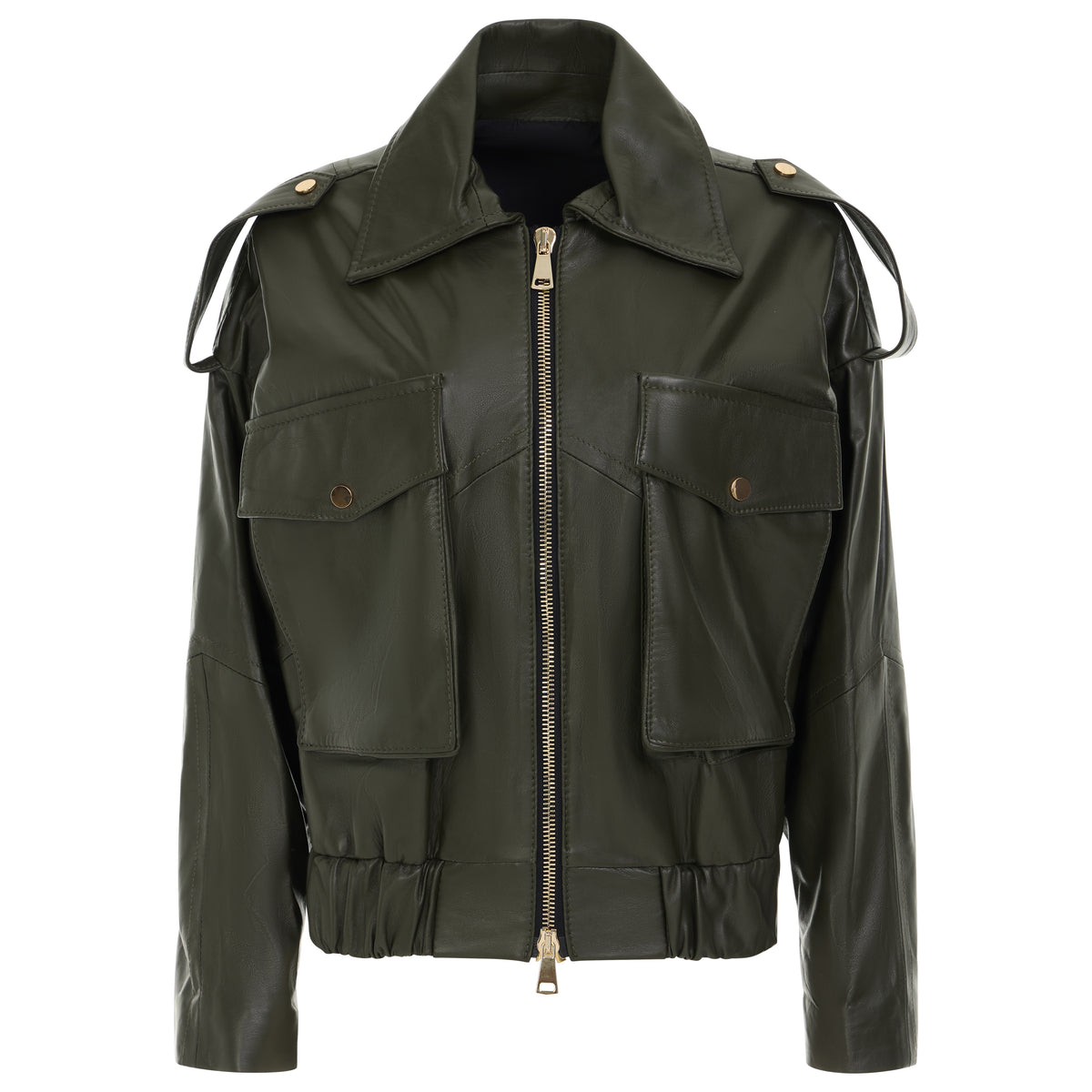 An olive green leather jacket with a high collar, front zipper, shoulder epaulets, and two large flap chest pockets, shown on a plain white background.