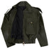 An olive green leather jacket with a black interior lining, featuring a zippered front, a chest pocket with a button closure, and a gathered elastic hem, shown against a plain white background.