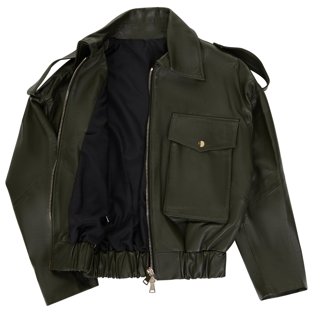 An olive green leather jacket with a black interior lining, featuring a zippered front, a chest pocket with a button closure, and a gathered elastic hem, shown against a plain white background.