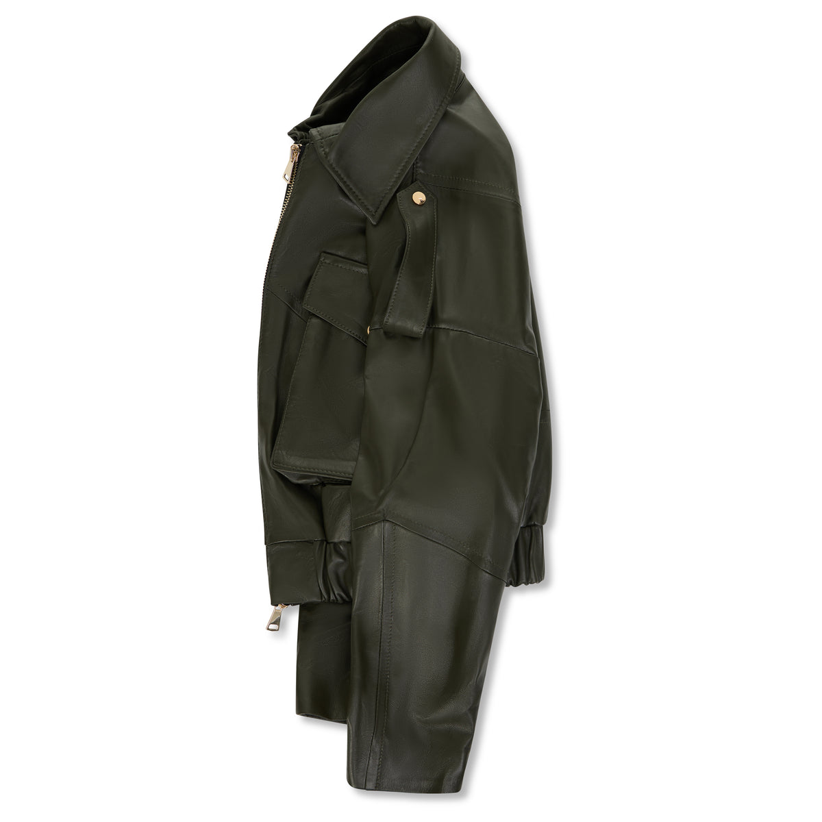 An olive green leather jacket with a high collar, side zipper, and front flap pocket, shown from a side profile on a white background.