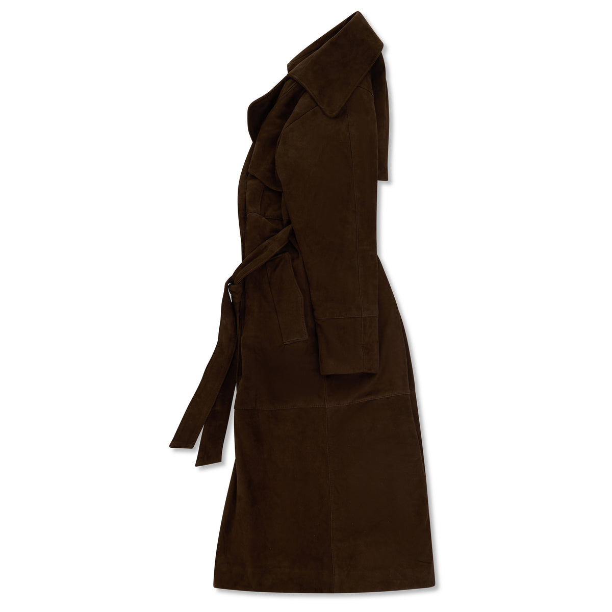A dark brown suede trench coat with a matching waist tie belt, shown in profile against a plain white background.