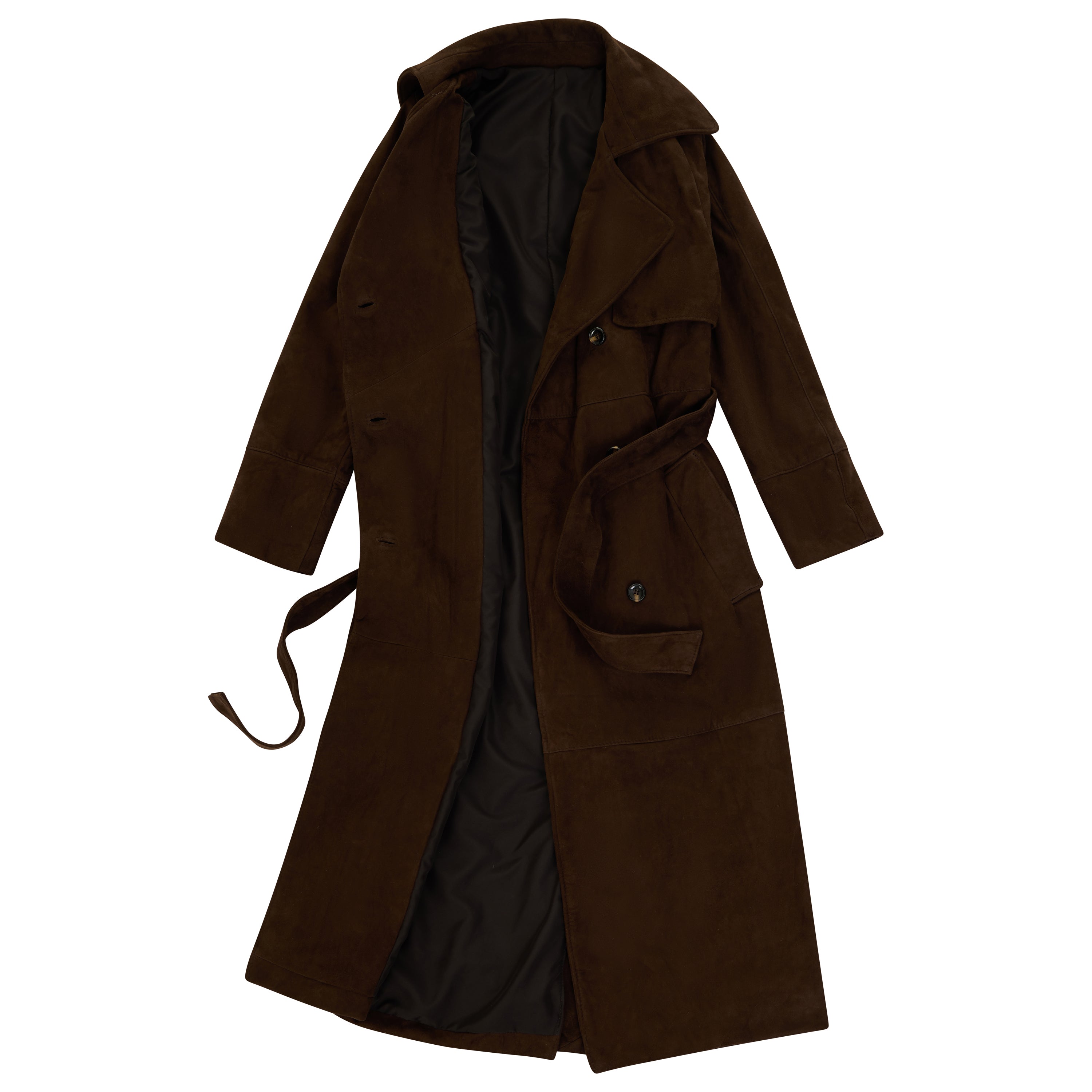 A dark brown suede longline trench coat with a black lining, featuring a collar, front flap pockets, and a matching waist tie, shown against a plain white background.