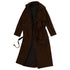 A dark brown suede longline trench coat with a black lining, featuring a collar, front flap pockets, and a matching waist tie, shown against a plain white background.