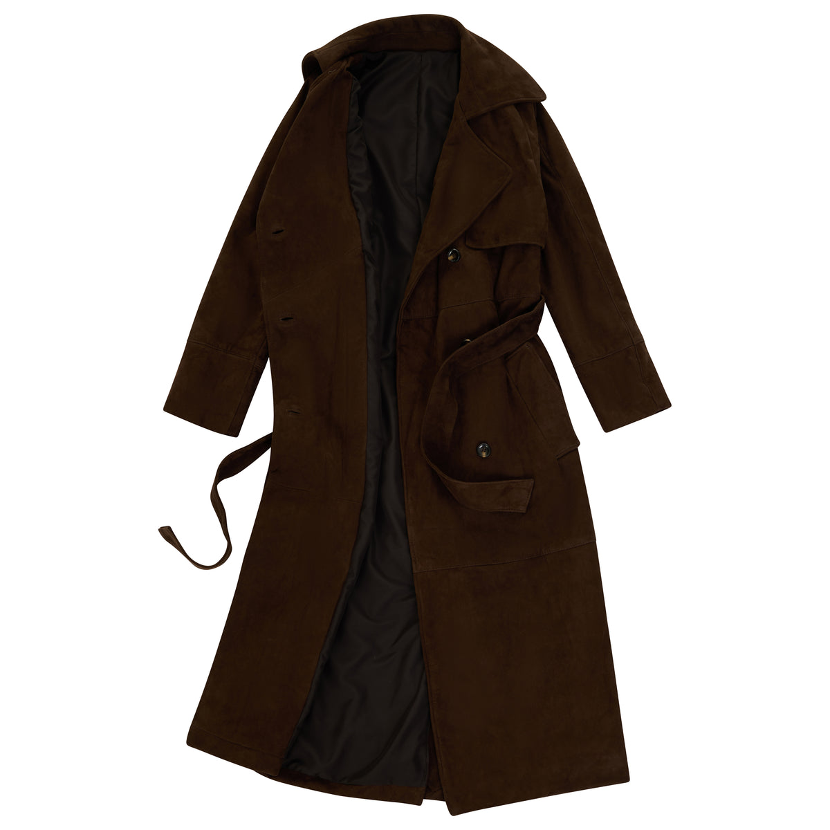 A dark brown suede longline trench coat with a black lining, featuring a collar, front flap pockets, and a matching waist tie, shown against a plain white background.