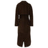 A dark brown trench coat with a matching waist tie belt, shown from the back against a plain white background.