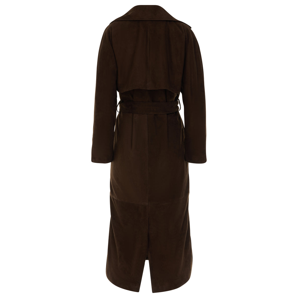 A dark brown trench coat with a matching waist tie belt, shown from the back against a plain white background.