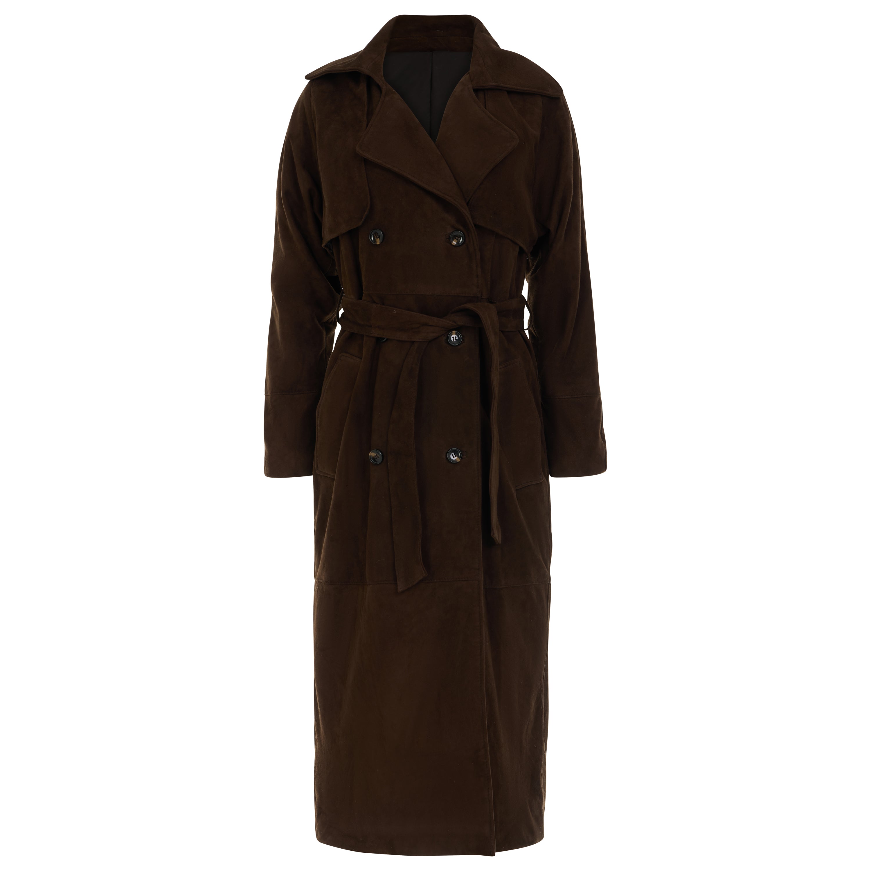 A dark brown double-breasted chocolate suede trench coat with a matching waist belt, shown on a plain white background.