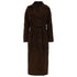 A dark brown double-breasted chocolate suede trench coat with a matching waist belt, shown on a plain white background.