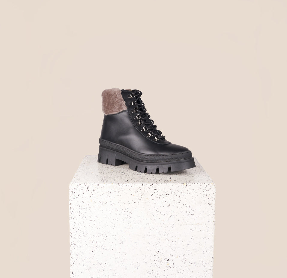 Moena Black Leather Shearling Lug Sole Boots Front View