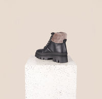 Moena Black Leather Shearling Lug Sole Boots Back View