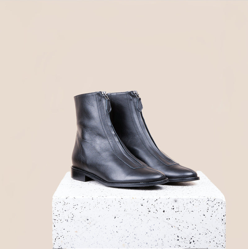 Roma Zip-Up Ankle Boot - Black Leather