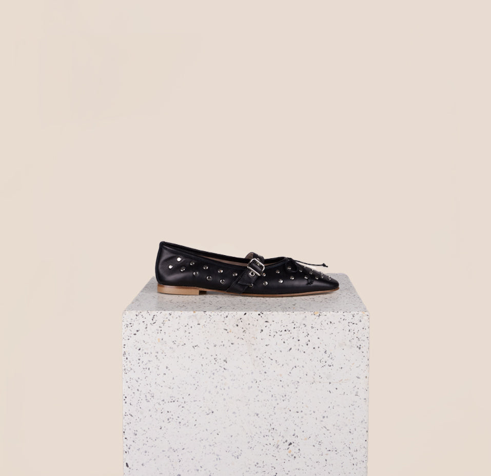 Como Flats Studded Black Leather Buckle