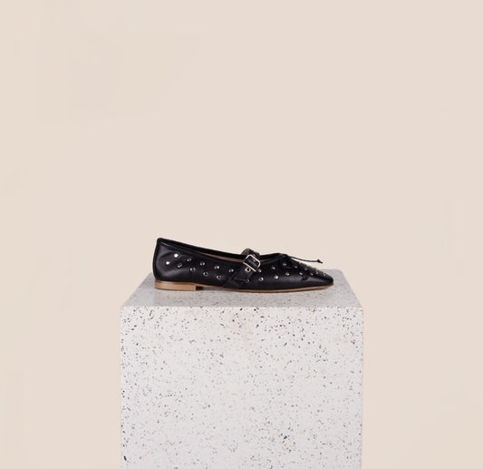 Como Flats Studded Black Leather Buckle