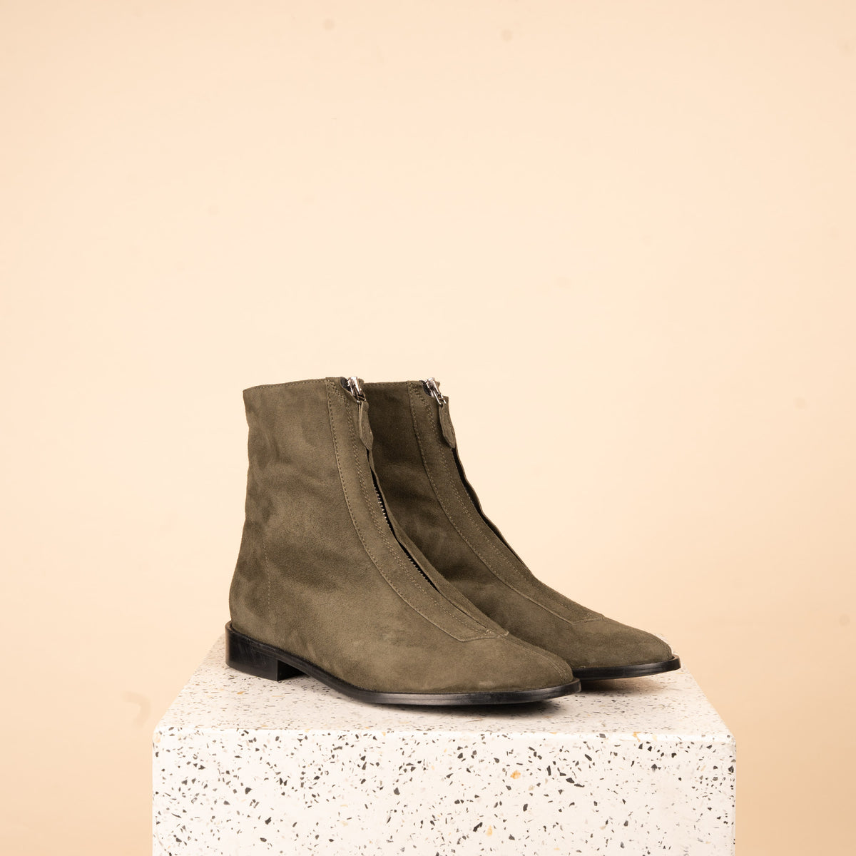 Roma Zip-Up Ankle Boot - Army Green Suede